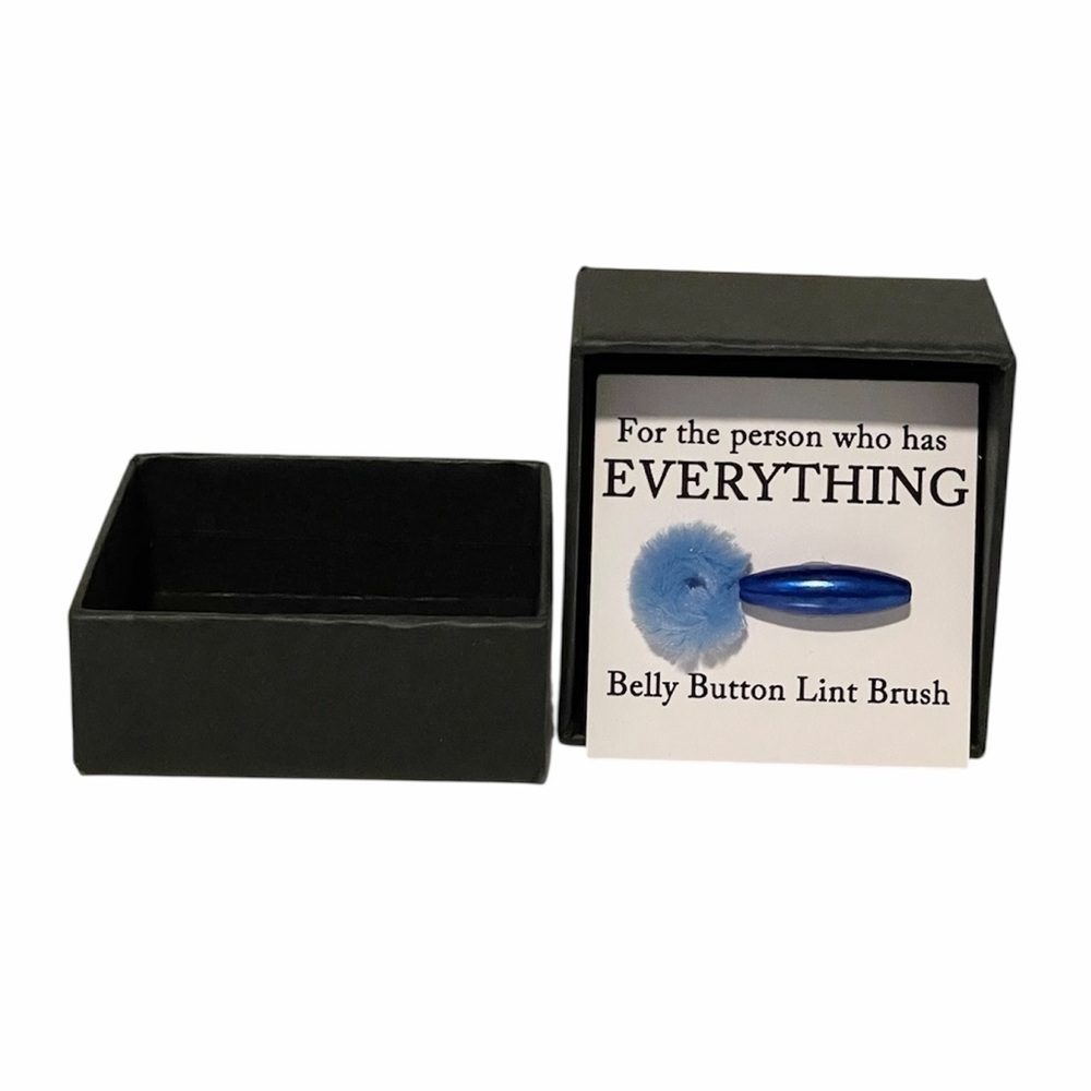 Novelty Gag Gift Tiny Blue Belly Button Lint Brush in Black Gift Box